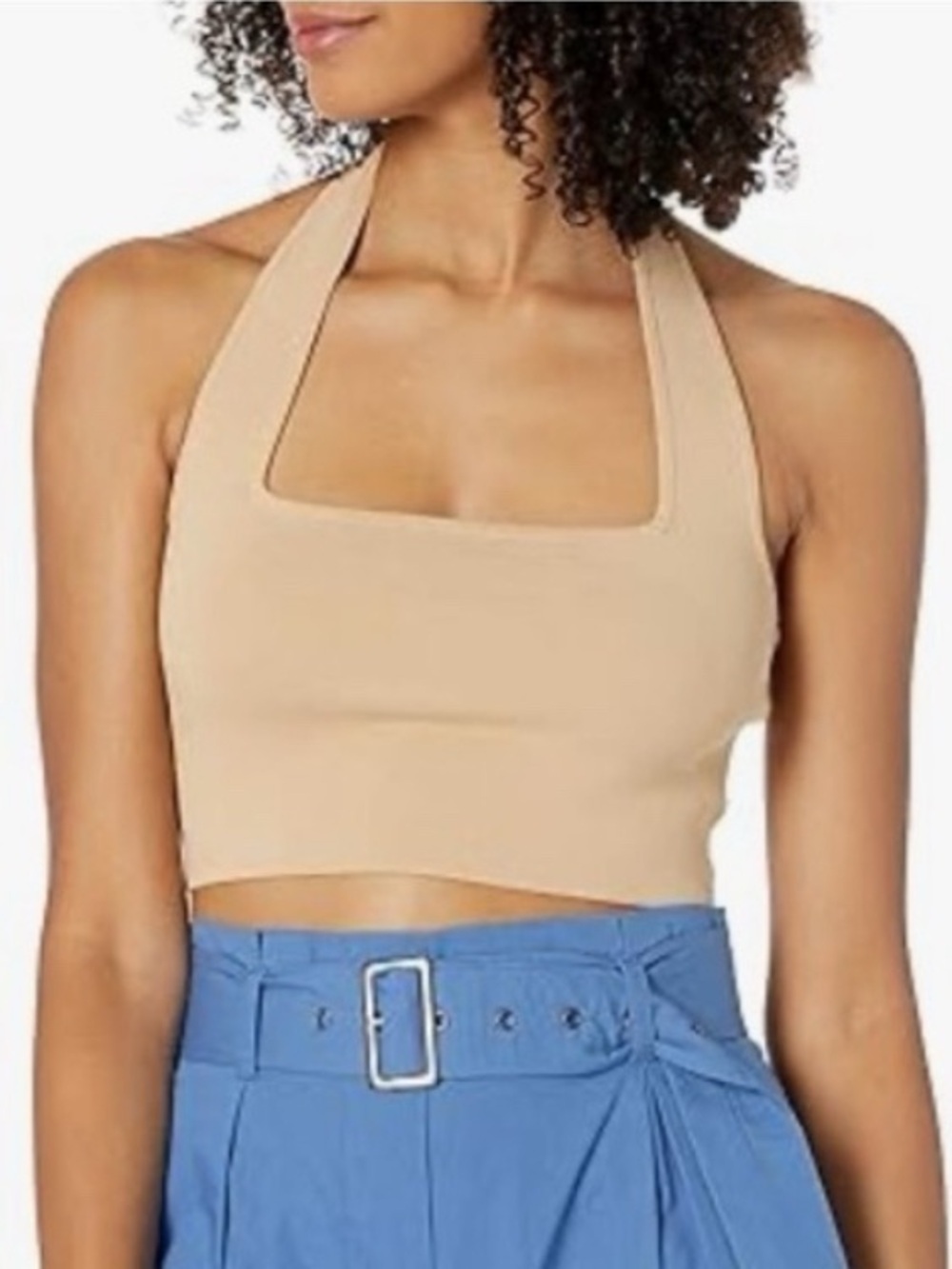 The Drop Tan Square Neck Ribbed Halter Crop Top Festival Minimalist Feminine- M